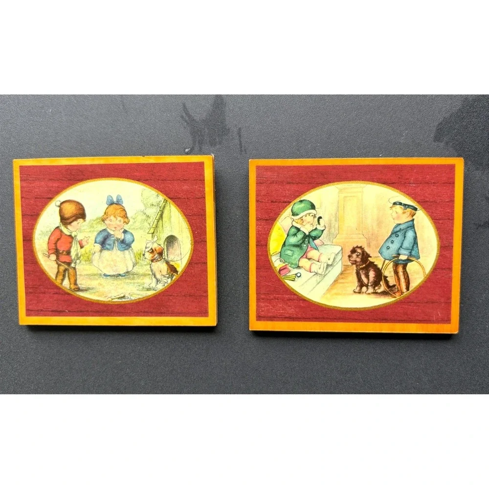 Vintage Style Wooden Wall Plaques Set of 2 Children and Dogs Storybook Art Decor